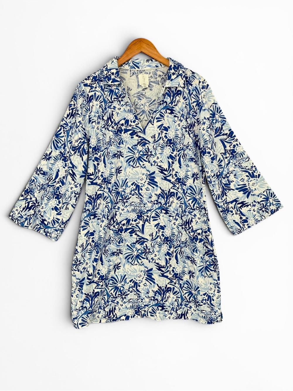 Joie Blue & White Floral Shift Dress V‑Neck Bell Sleeves Linen‑Cotton Size 10